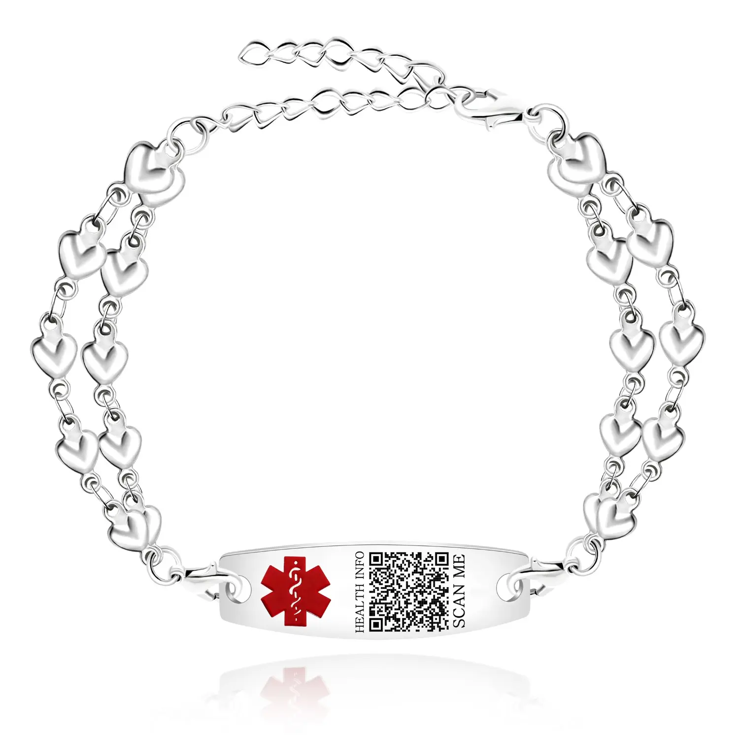Uloveido Heart Medical ID Bracelet for Women, Double Chain Stainless Steel Emergency Info Wristband, Dynamic QR Code or Personalized Engraving, Adjustable Safety Jewelry for Daily Wear