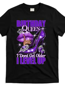Funny "Birthday Queen" Women'S T-Shirt - I Don't Get Older, I Level Up" Design with Purple High Heels & Crown, Comfortable Cotton Crew Neck, Short Sleeve, Perfect for Adult Casual Wear, Birthday T Shirts