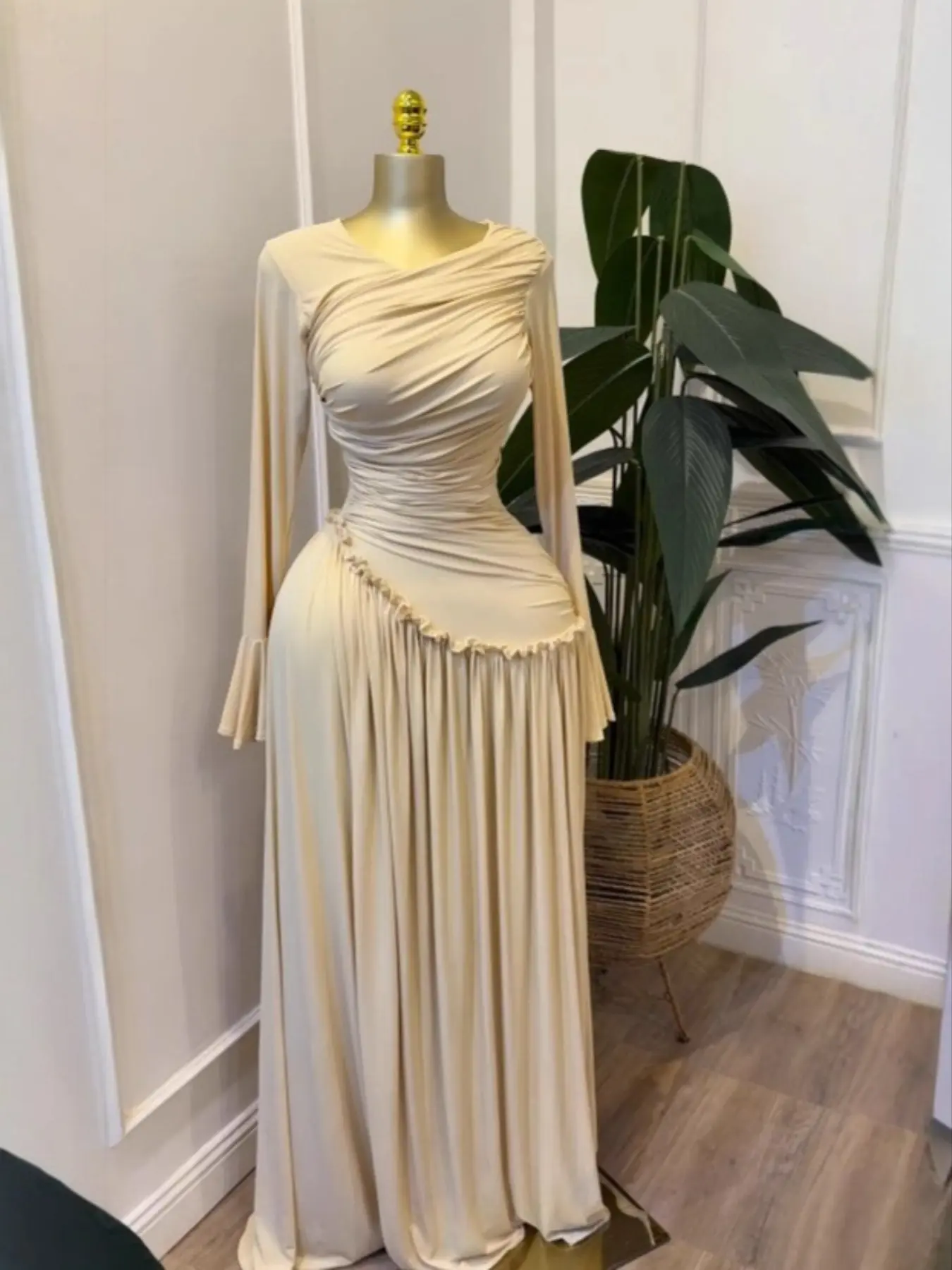 PULKRITU Elegant Chic Feminine Women's Long Sleeve O-Neck Big Swing Maxi Dress Woven, Dress Up Gown, Fall & Winter Wear, Sweet Holiday Birthday Party Evening Formal Sexy Dress, Casual Style, Elegance