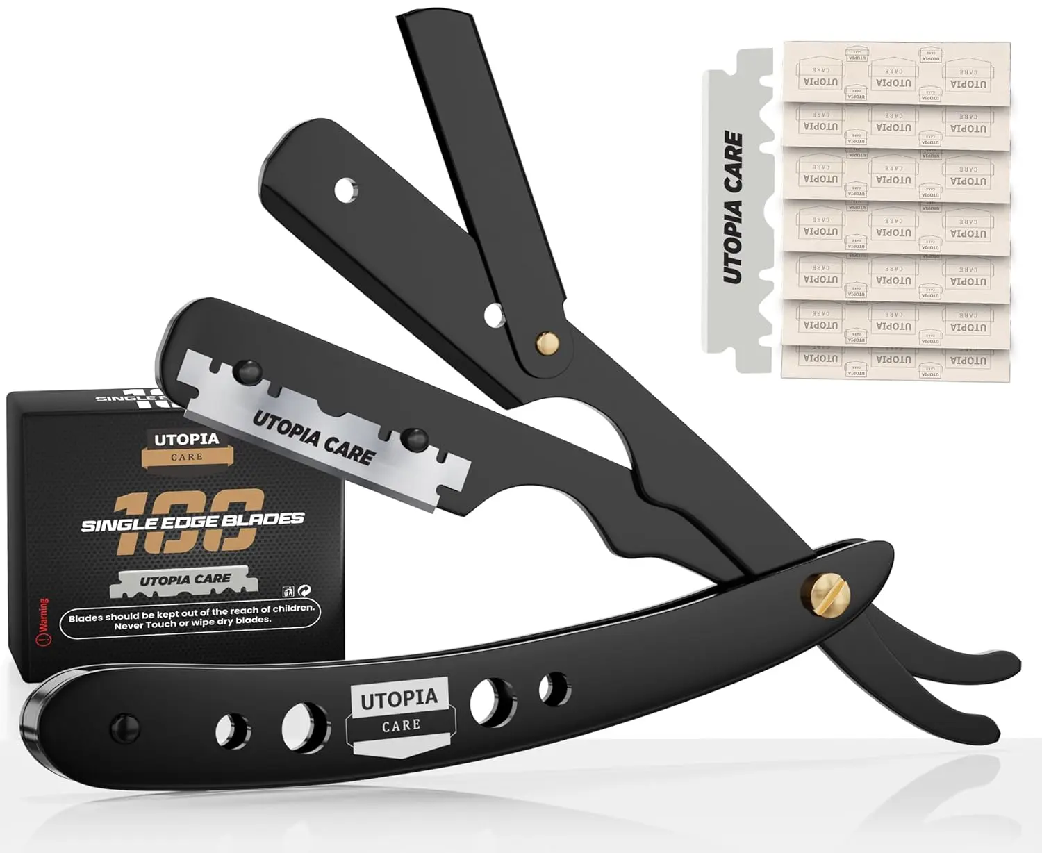 Men's Professional Straight Safety Razor for Clean Shave, Barber Straight Edge Design with 100 Replaceable Razorblade Pack, Black