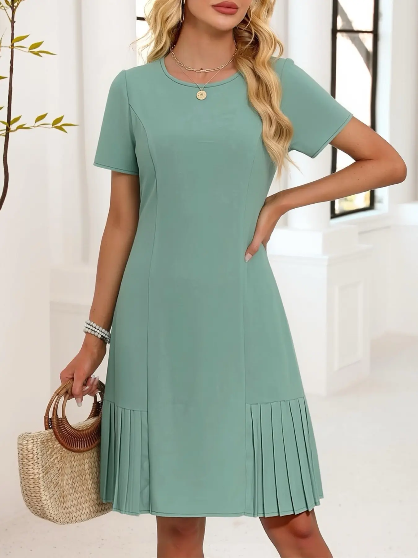 Celderio Women Loose Fit Short Sleeve Crew Neck Round Neck Pleated Hem Solid Color Summer Office Work Casual Classy Elegant Minimalist Modest Dresses Womenswear