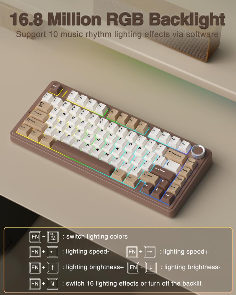 Aula F75 Mocha Brown 75% Wireless Mechanical Gaming Keyboard Pre-lubricated Linear Switches Tri-Mode Connection Hot-Swappable (3/5-Pin), RGB Backlight Volume Knob Creamy Sound Budget Keyboard