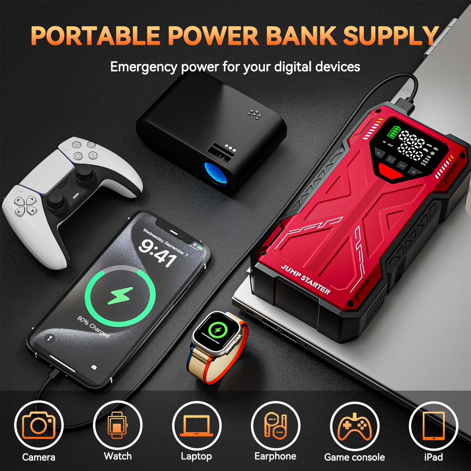 12000mAh Portable Jump starterwith Air Compressor, 150PSl, 12VCar Battery Jump Box, 10L Gas & 8.0LDiesel Engines, Wireless, SafeClamps for Easy Use Auto Accessories 12000mAh Portable Jump starterwith Air Compressor, 150PSl, 12VCar Battery Jump Box, 10L Gas & 8.0LDiesel Engines, Wireless, SafeClamps for Easy Use Auto Accessories