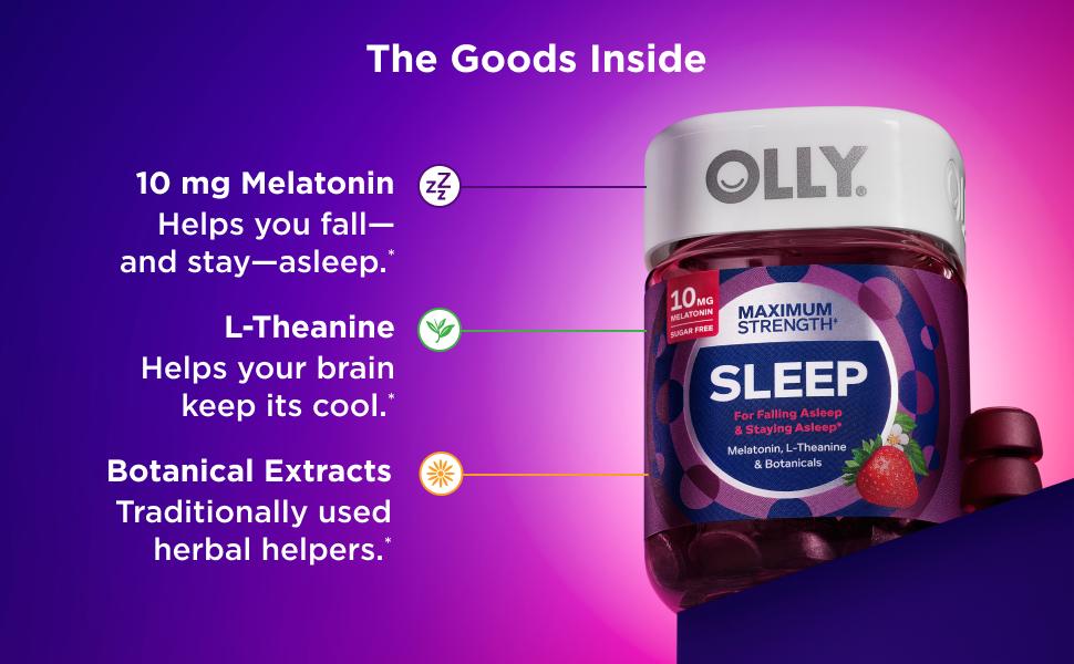 OLLY Max Strength Sleep Gummy, 10mg Melatonin, L-Theanine, Chamomile, Lemon Balm, Sugar Free, Vegetarian Sleep Aid, Strawberry - 50 Count