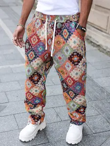 Men’s Bohemian-Style Geometric Jacquard Drawstring Jogger Pants — 2026 Spring/Summer New Arrival, Ethnic Style, Loose Casual Long Pants with Colorful Diamond Check Pattern, Versatile