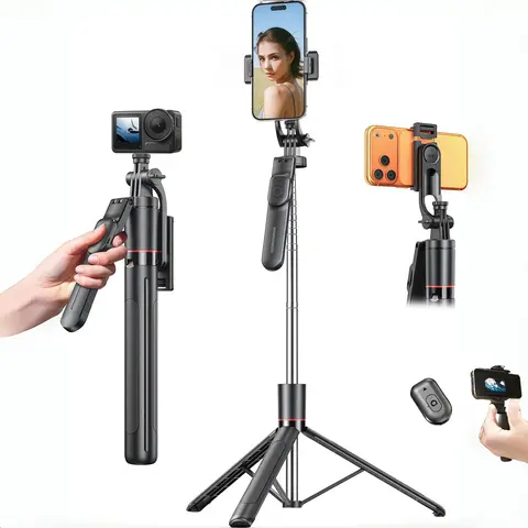 Alloy Aluminium Selfie Stick Tripod Stand - 67" Extendable, Compact Foldable, Cordless Bluetooth Detachable Remote, Non-slip Silicone Pads, Shock Resistant Adjustable Clip, Tripod for iPhone 15/14/13 & Android Smartphones (Mobile Accessories)