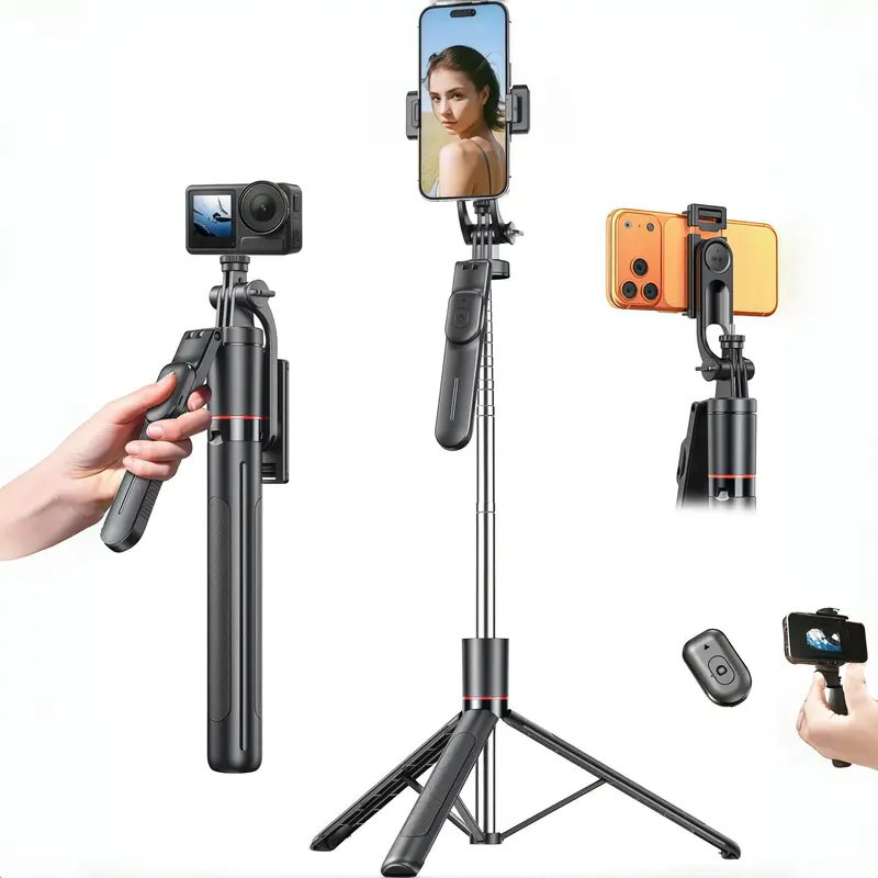 Alloy Aluminium Selfie Stick Tripod Stand - 67" Extendable, Compact Foldable, Cordless Bluetooth Detachable Remote, Non-slip Silicone Pads, Shock Resistant Adjustable Clip, Tripod for iPhone 15/14/13 & Android Smartphones (Mobile Accessories)