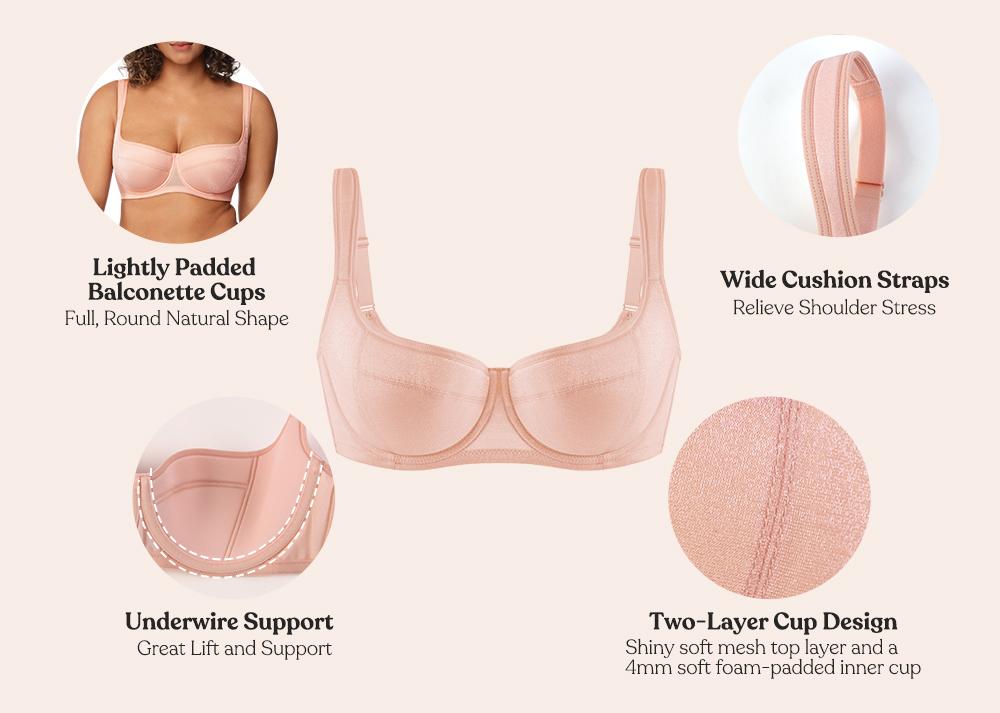 HSIA Starry Night Plus Size Glass-Shimmer Fabric Mesh 4mm Lightly Padded Balconette Bra Wide Straps Lifting Support Underwire Bra High Side Coverage Natural Push Up Effect Sexy Demi Low Cut T Seam Structure SpringStatements