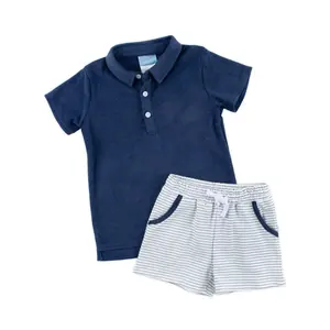 Navy Blue Stripe Terry Polo Short Set - 2Pc Outfit for Boys, Summer Striped Sets