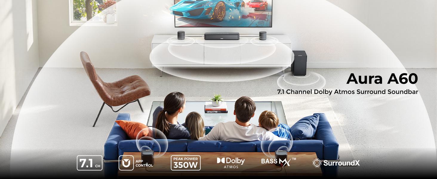 ULTIMEA 7.1ch Soundbar with Dolby Atmos, Surround Sound System for TV with 4 Surround Speakers, Sound Bar for Smart TV with App Control, Soundbar with Subwoofer for Home Theater, HDMI eARC, Bluetooth, Aura A60 ULTIMEA 7.1ch Soundbar with Dolby Atmos, Surround Sound System for TV with 4 Surround Speakers, Sound Bar for Smart TV with App Control, Soundbar with Subwoofer for Home Theater, HDMI eARC, Bluetooth, Aura A60