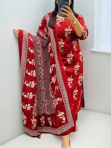 Elegant Pure Cotton Kurti Set with Pant & Mulmul Dupatta Discharge Print Festive Wear for Women's Clothes - Womenswear