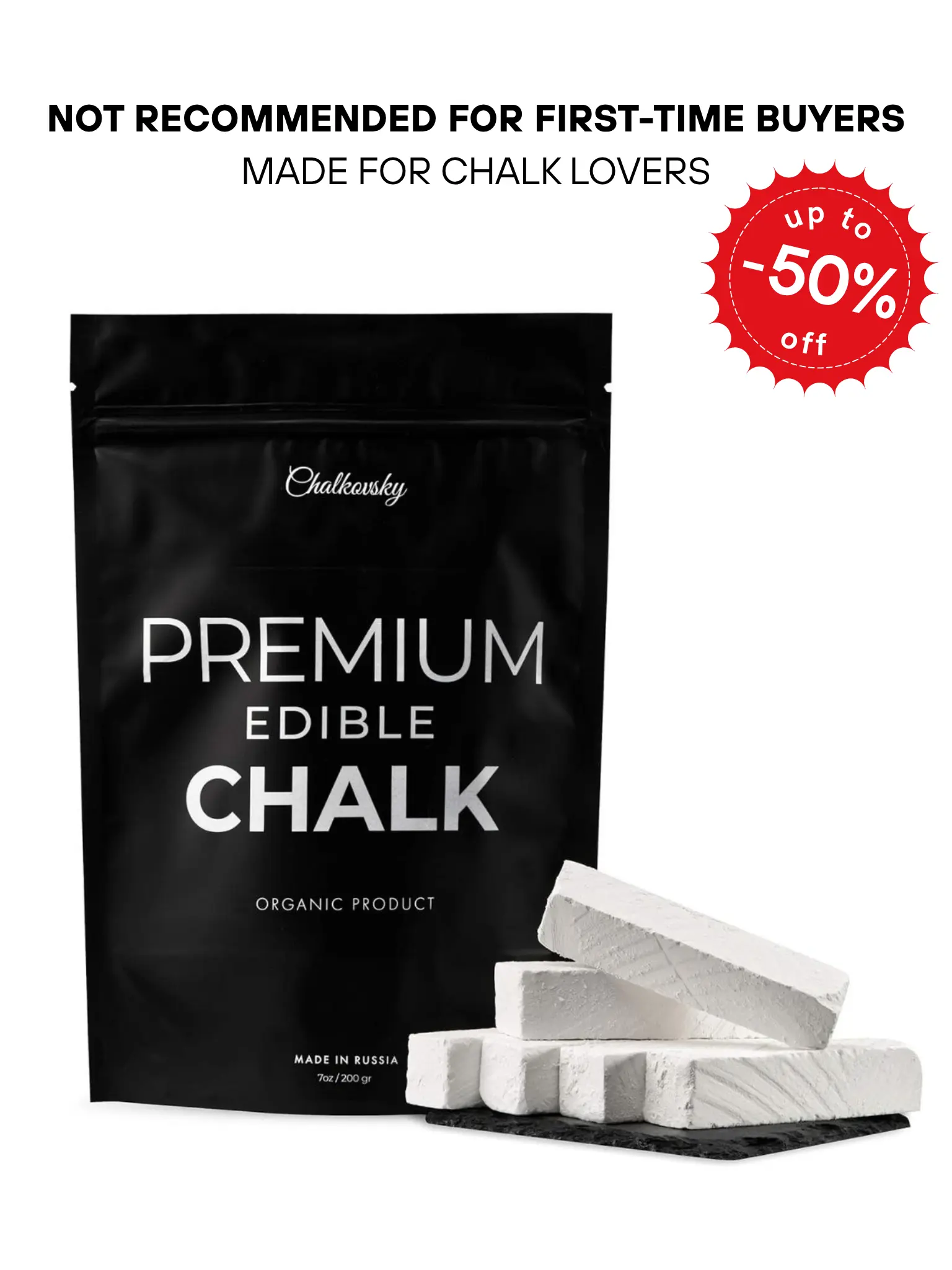 Chalkovsky Premium Climbing Chalk - ASMR Crunchy Texture, Natural Belgorod Chalk, Organic Chunks, 0 Additives, No Impurities, White, 7oz (200g), 6-Stick Pack for Pica/ASMR Use Cases
