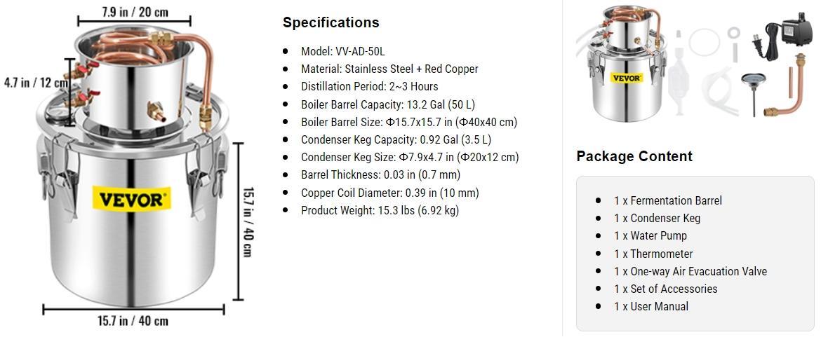 VEVOR Water Wine Still Max 13.2Gal/50L, Wine Distiller with Circulating Pump, Wine Still Copper Tube, Whiskey Distilling Kit with Build-In Thermometer, Whiskey Making Kit for DIY , Stainless Steel