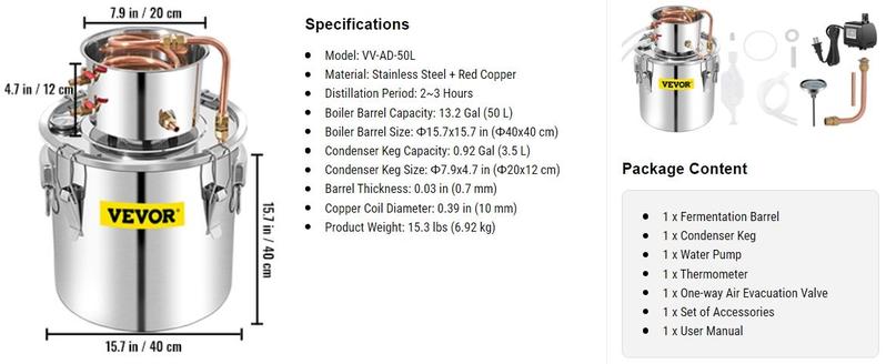VEVOR Water Wine Still Max 13.2Gal/50L, Wine Distiller with Circulating Pump, Wine Still Copper Tube, Whiskey Distilling Kit with Build-In Thermometer, Whiskey Making Kit for DIY , Stainless Steel
