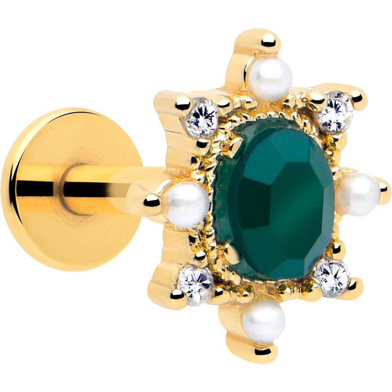 16G  Green CZ Gem Gold Tone Royal Beauty Flat Back Cartilage Tragus Labret