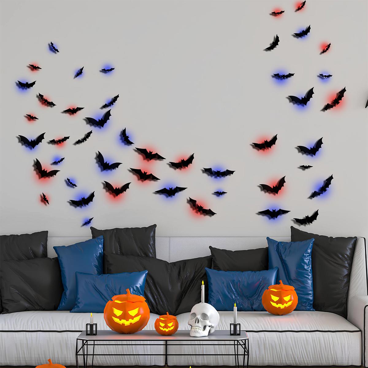 Halloween 3D Lighted Bats, 2025 New 3D Led Bats Lighted Stickers Decor Light - Hanging Wall Luminous Glow Clings for Home Bar Halloween Party (Bats-12pcs)