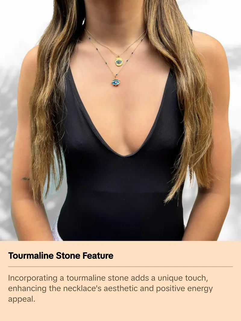 Blue Enamel & Tourmaline Stone Evil Eye Gold Pendant Good Karma Necklace