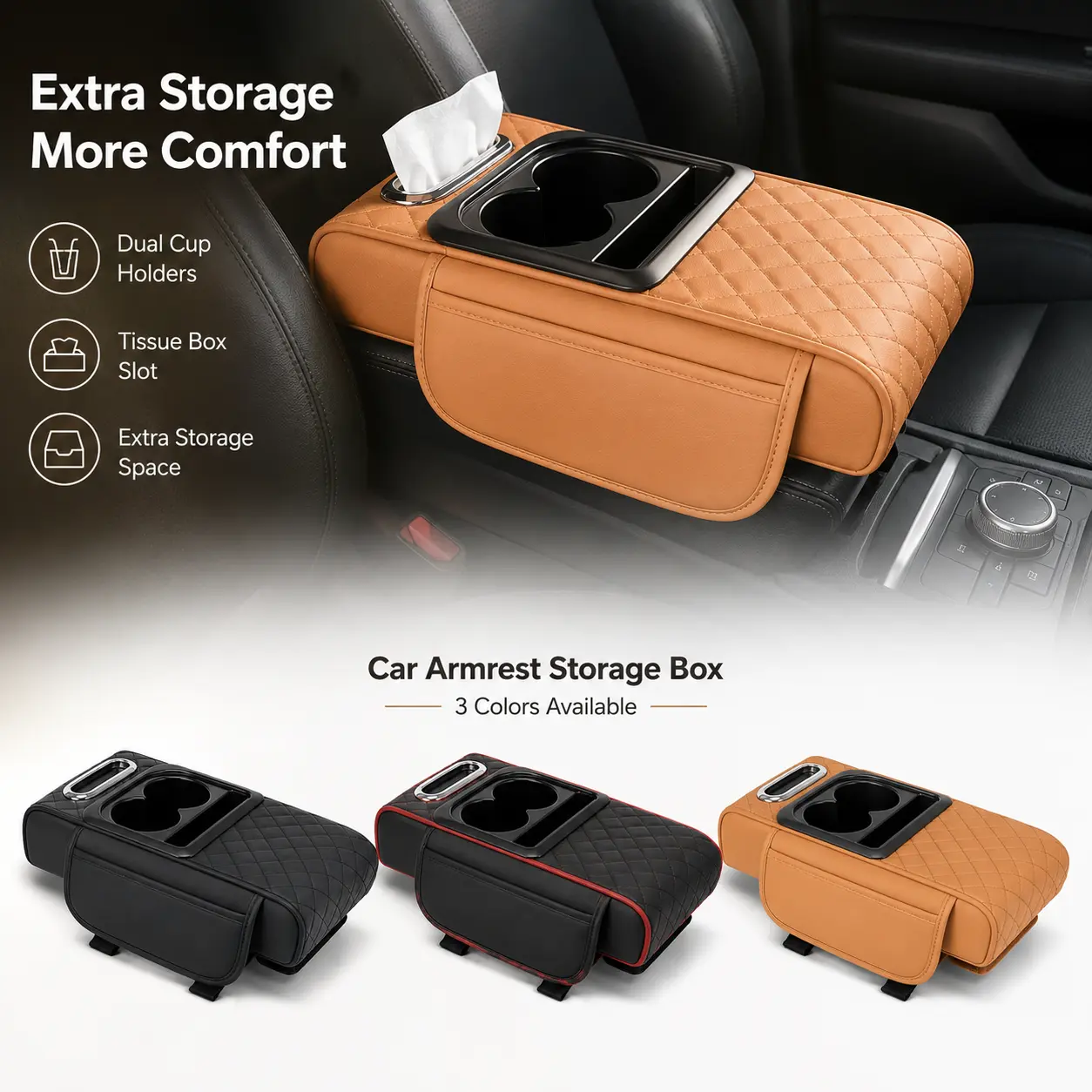 Slipuf Leather Look Car Seat Gap Storage Box - Universal Fit Center Console Organizers Tray with 2 Cup Holders, Tissue Slot for Easy Access & Car Interior Tidying