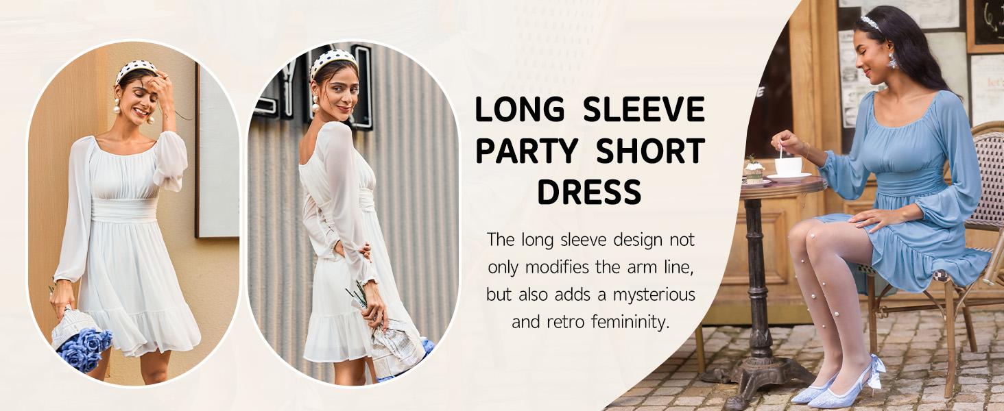 Wenrine Women's Mesh Long Sleeve Square Neck Dress High Waist A Line Ruffle Hem Flowy Casual Party Mini Dress Wenrine Women's Mesh Long Sleeve Square Neck Dress High Waist A Line Ruffle Hem Flowy Casual Party Mini Dress