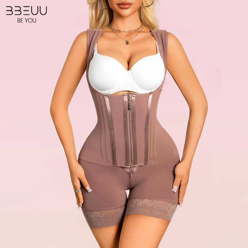 BBEUU Women's Solid Black Zipper Corset Shapewear Romper Tummy Control High-Waist Girdle Bodysuit for Daily Wear Compression Shaper - Womenswear