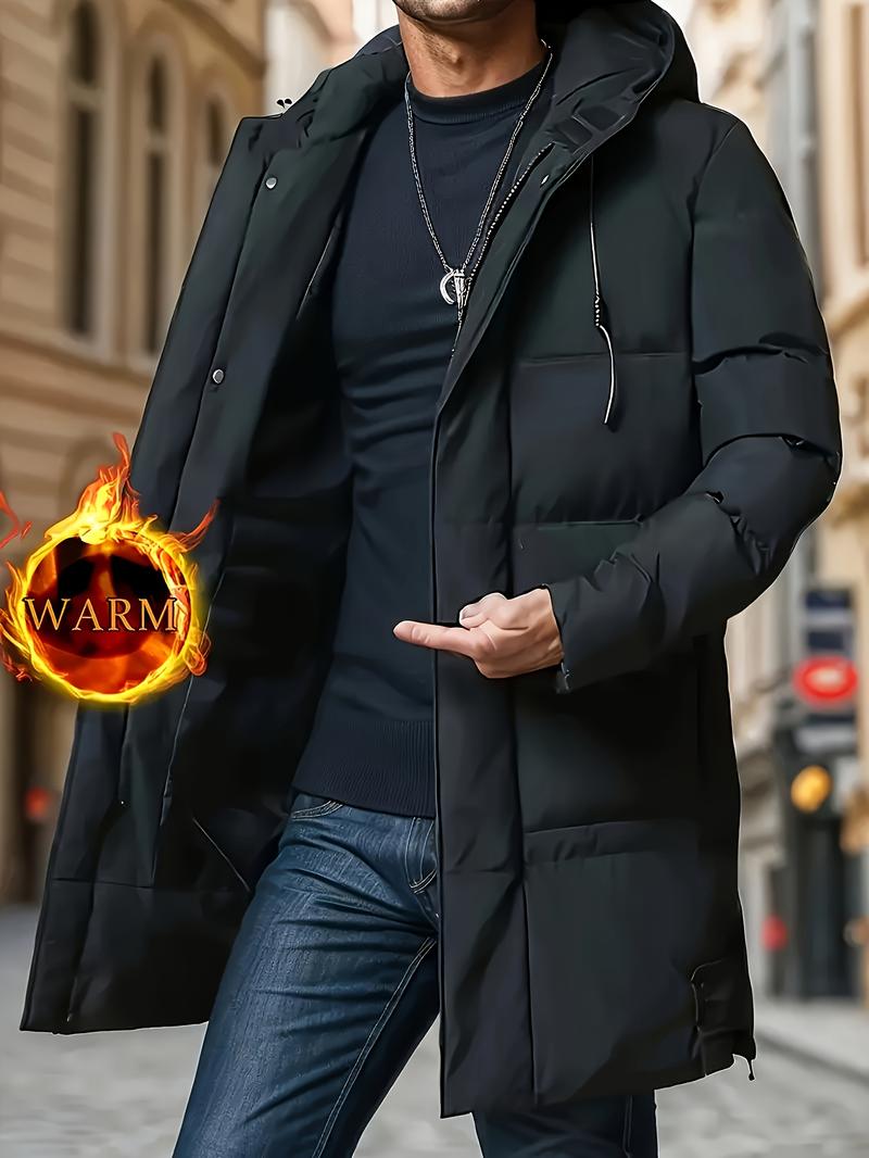 Men's long coat with hood, warm and thick polyester fiber, large pockets, zippered winter jacket, suitable for casual wear, essential for cold weather