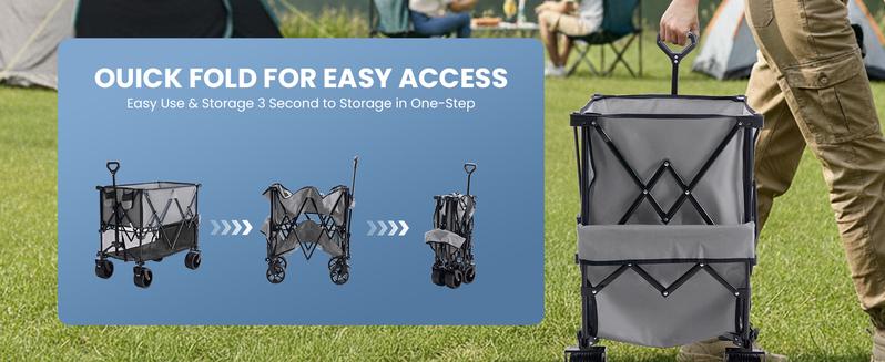 Large Capacity Folding Double Decker Wagon with Brakes, 440 lbs Wagons Carts Foldable Wagon Cart with Flexible Handle, All-Terrain Big Wheels for Grocery Sports Garden Camping