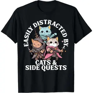 Easily Distracted By Cats And Side Quests T-Shirt Funny RPG Gamer Graphic Tee DND Lovers Gift Retro Fantasy Adventure Cat Apparel Unisex Soft Cotton Gaming Shirt Harajuku Streetwear Top BlackUnisex T-shirts S-3XL