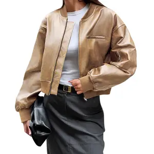 Cicy Bell Womens Faux Leather Bomber Jackets Baseball Collar Zip Up Cropped Biker Coat with Pockets Chic Fashion Fitted Long Sleeve Outerwear for Fall Outfits