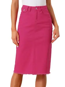 INSPIRE CHIC Casual Jean Skirt High Waist Back Slit Stretch Denim Skirts Hot Pink