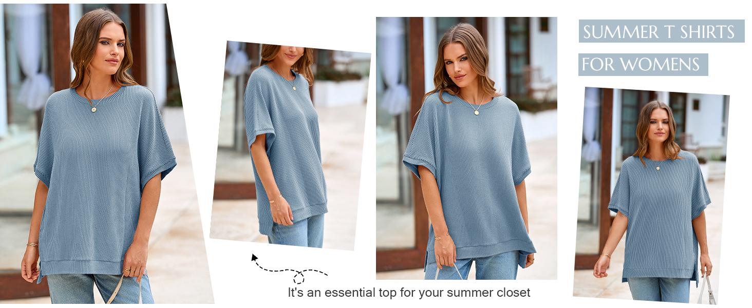 Tankaneo Womens Oversized T Shirts Summer Casual Ribbed Batwing Short Sleeve Tunic Tops Loose Fit Dolman Sleeve Tees