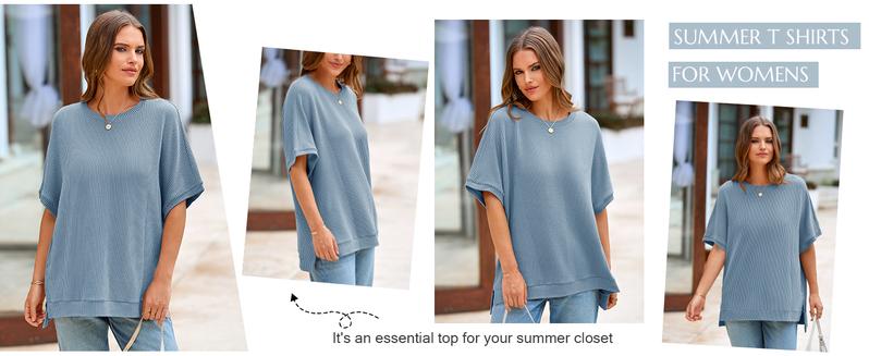 Tankaneo Womens Oversized T Shirts Summer Casual Ribbed Batwing Short Sleeve Tunic Tops Loose Fit Dolman Sleeve Tees