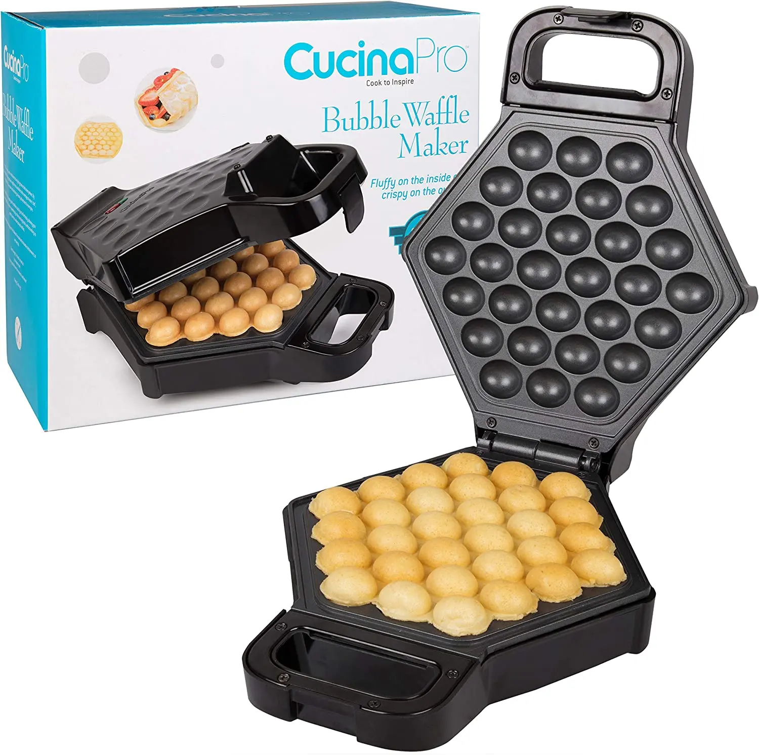 CucinaPro Bubble Waffle Maker - Electric Non stick Hong Kong Egg Waffler Iron Griddle w/Ready Indicator Light - Free Recipe Guide Included