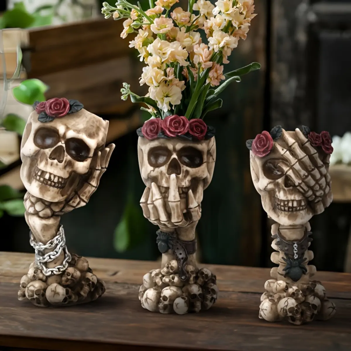 Hear No Evil See No Evil Speak No Evil Skull Flower Vase Decor, Creative Handheld Skeleton Vase Ornament, Gothic Dark Style Desktop Sculpture for Home Living Room Office and Holiday Gifts, Decorative Vase