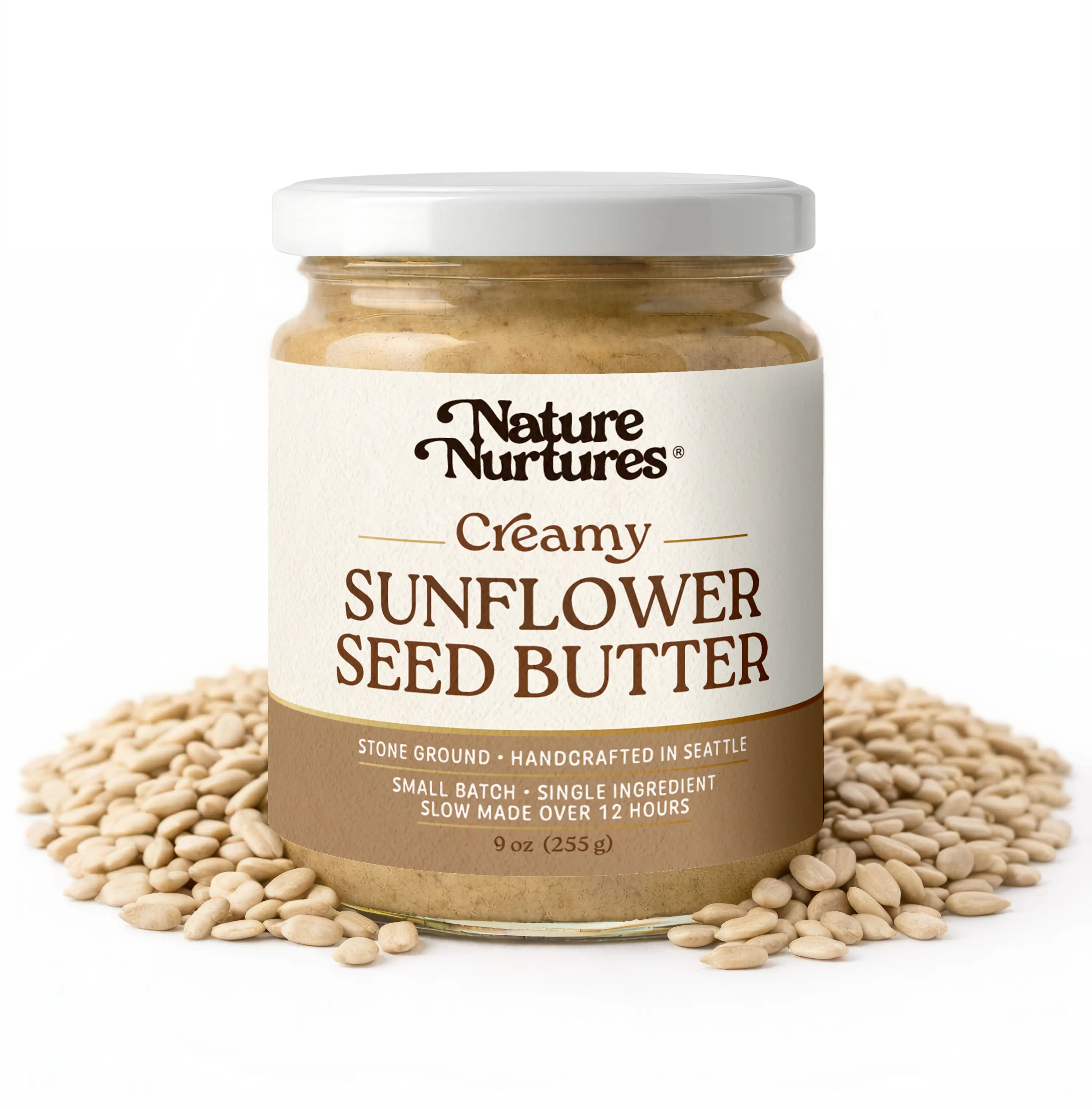 Creamy Sunflower Butter · 100% Sunflower Seeds · Single Ingredient · No Fillers · Raw · Stone Ground for 12 Hours · Small Batch · Handcrafted in USA · High Protein · 100% Pure & Natural · No Added Sugar · No Palm Oil · Packed in Glass Jar · 9 oz (255 g)