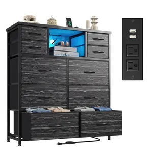 【Dresser for kids bedroom】39.5‘’H Raybee 9~10 Fabric Drawers Dresser for Bedroom with Charging Station & LED Light, Sturdy Chest of Drawers with 2 Open Wooden Shelves,Space-Saving Bedroom Dresser for Storage, Easy to assemble with clear instructions,Black