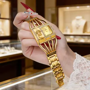 Luxury Gold Square Watch for Women Synthetic Diamond Studded Dial Unique Cage Bracelet Perfect Gift for Her-LX1052
