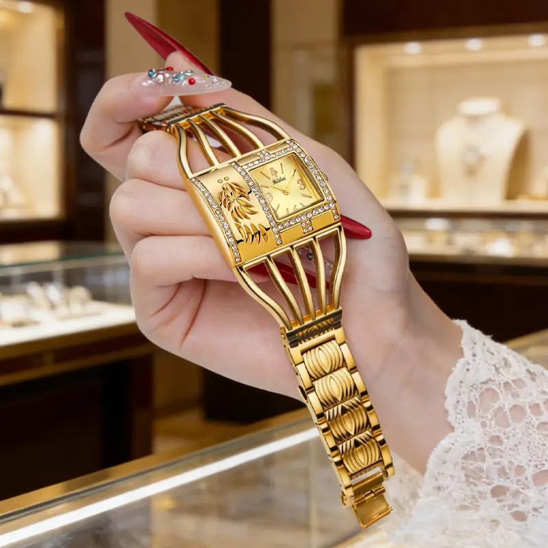 golden Square Watch for Women Synthetic cubic zirconia Studded Dial Unique Cage Bracelet Perfect Gift for Her-LX1052