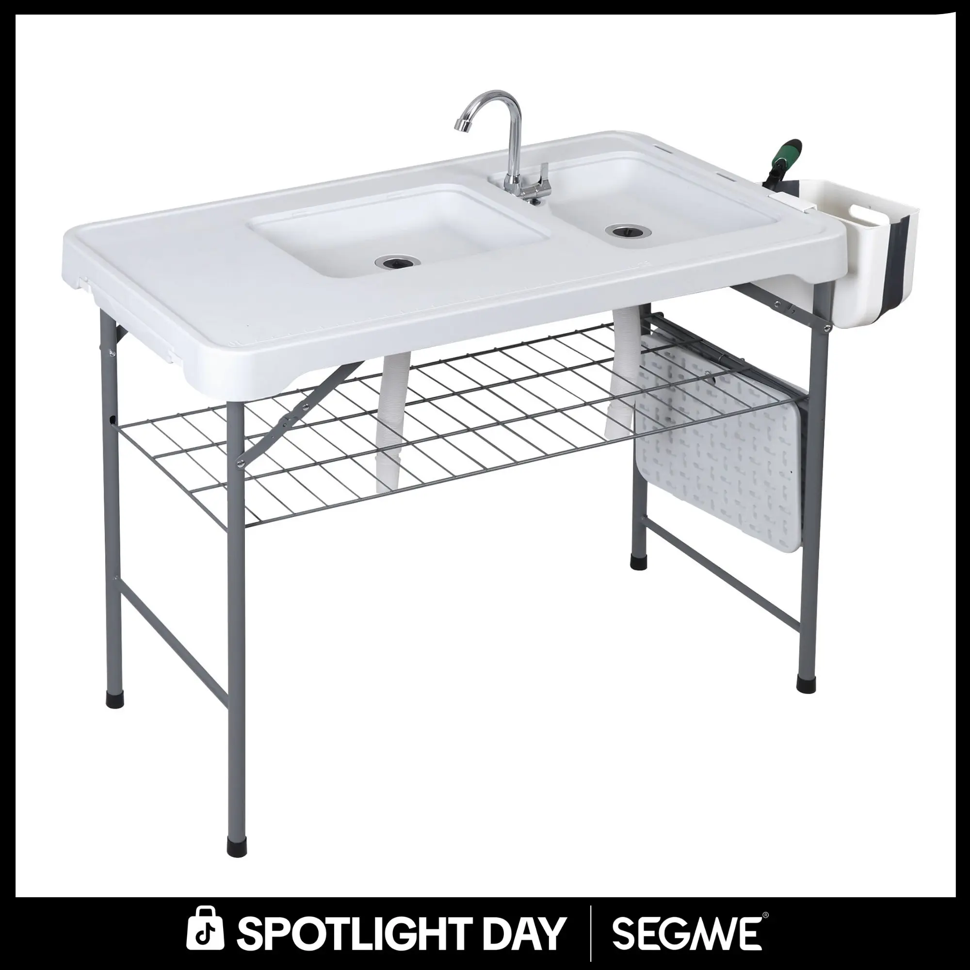 Segawe All-in-1 Multipurpose Outdoor Prep Station - Lightweight Portable Foldable PE & Steel Outdoor Table with Folding Legs, Dual Sinks, Faucet, Grid Rack, 660lb Capacity, 42.6in for Fish Cleaning, BBQ, Camping