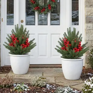 21.6" Artificial Topiary Trees with Spike Set of 2, Topiary Plants with Metal Ground Spike Faux Topiary Tree Outdoor Indoor Front Porch Garden,Red