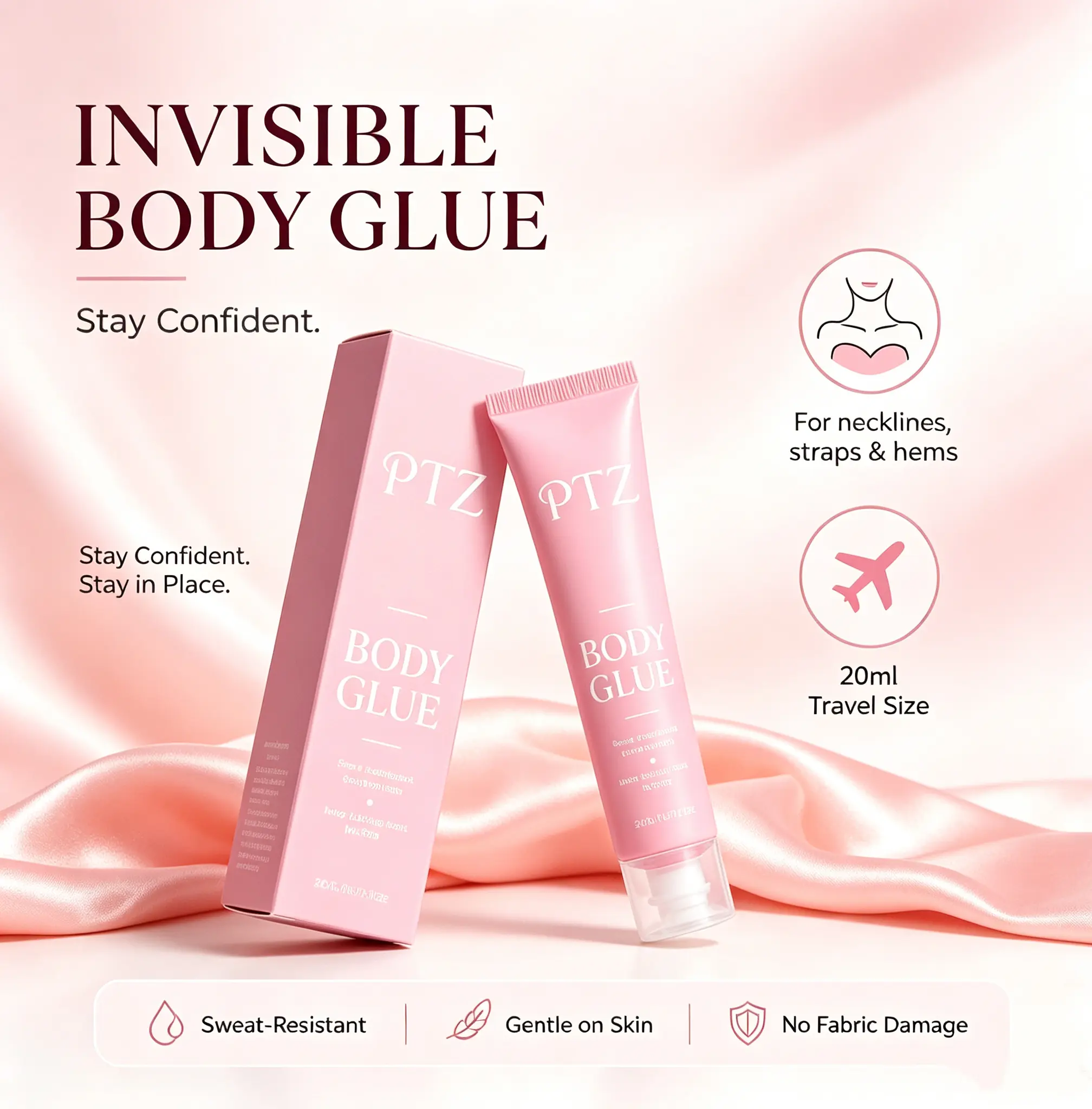 Invisible Hold Liquid Body Adhesive for Clothes - Breathable, Anti-Slip, Ideal for Low-Cut Outfits, Strapless Dresses, Backless & Tube Attire, Low-Cut Wear, Skin-Safe, Body-Conforming, Custom-Fit