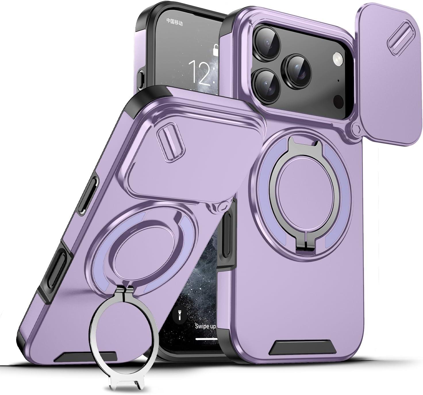 [Free!!Ship!] 360 Degree Rotated Stand Shockproof Case for iPhone 17 Pro Max 16 15 14 13 Slide Camera Lens Protection Phone Cover Compatible with Mag Safe