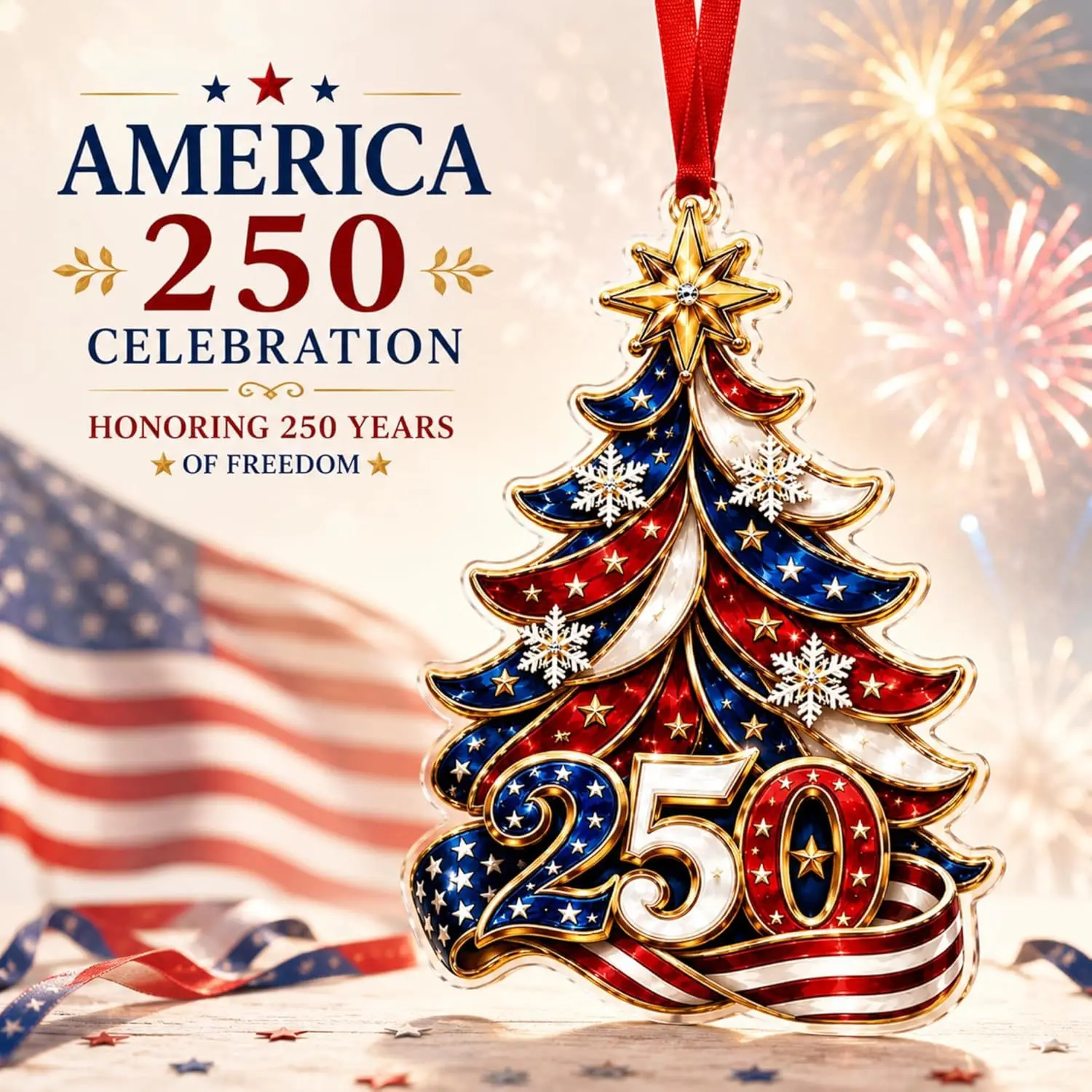 America 250 Celebration Acrylic Christmas Tree Ornament Gift Set - Patriotic Flag Hanging Decor with Card Envelope, Red Ribbon for Holiday Parties, Christmas Decor