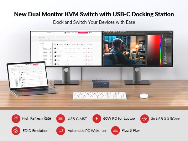 AV Access iDock C10 Dual Monitor KVM Switch Docking Station for Laptop & Desktop, EDID & Full-Featured USB-C, 60W Charging & 1Gb Ethernet for Laptop