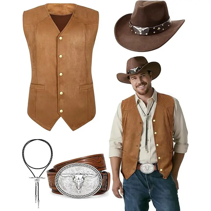 BELTROAD Men's Western Knitting Outerwear Cowboy Vest Outfits - 4-Piece Complete Costume Set with Hat, Belt & Bolo Tie for Rodeo Costume Sets, Halloween & Parties