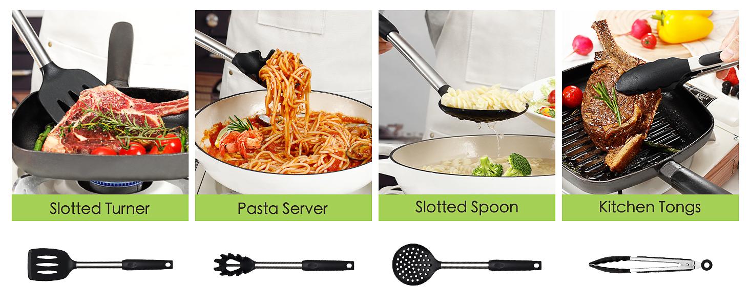 Large Cooking Utensils Set, 35 Pcs Spatula Set with Holder, Silicone Kitchen Utensils Set with Stainless Steel Handle, Cheese Grater, Scissors, Ice Cream Scoop, Pizza Cutter Kitchen Gadgets (Black) Cover Lightweight