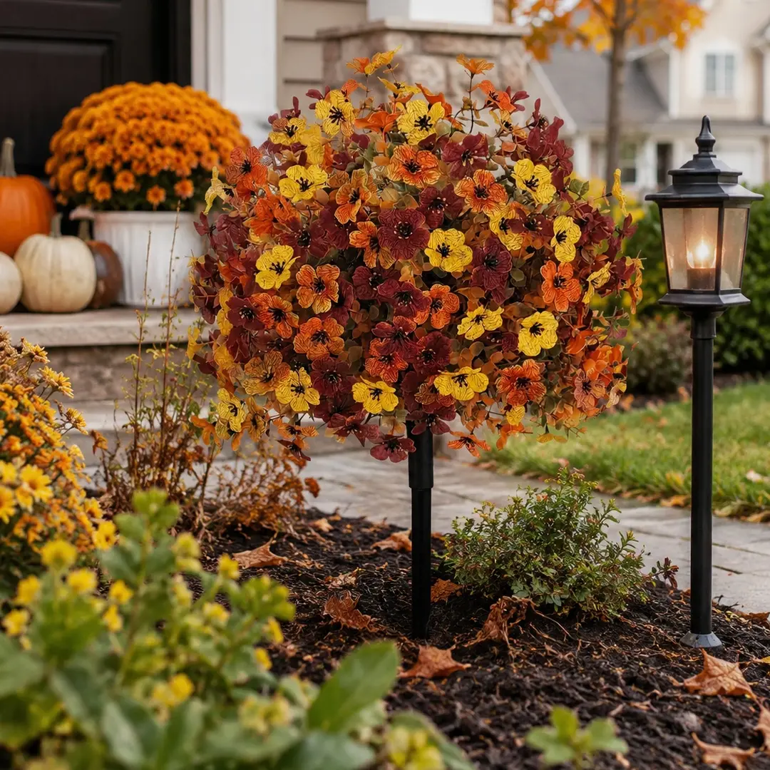 Autumn Artificial Ground Stake Flowers, Faux Mums Topiary Ball, Waterproof UV-Resistant Fall Floral Garden Decor for Lawn, Pathway, Halloween, Thanksgiving