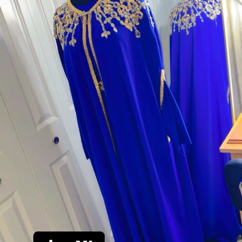 Turkish Caftan - Royal Blue with Gold Embroidery and Beaded Collar for Elegant Occasions