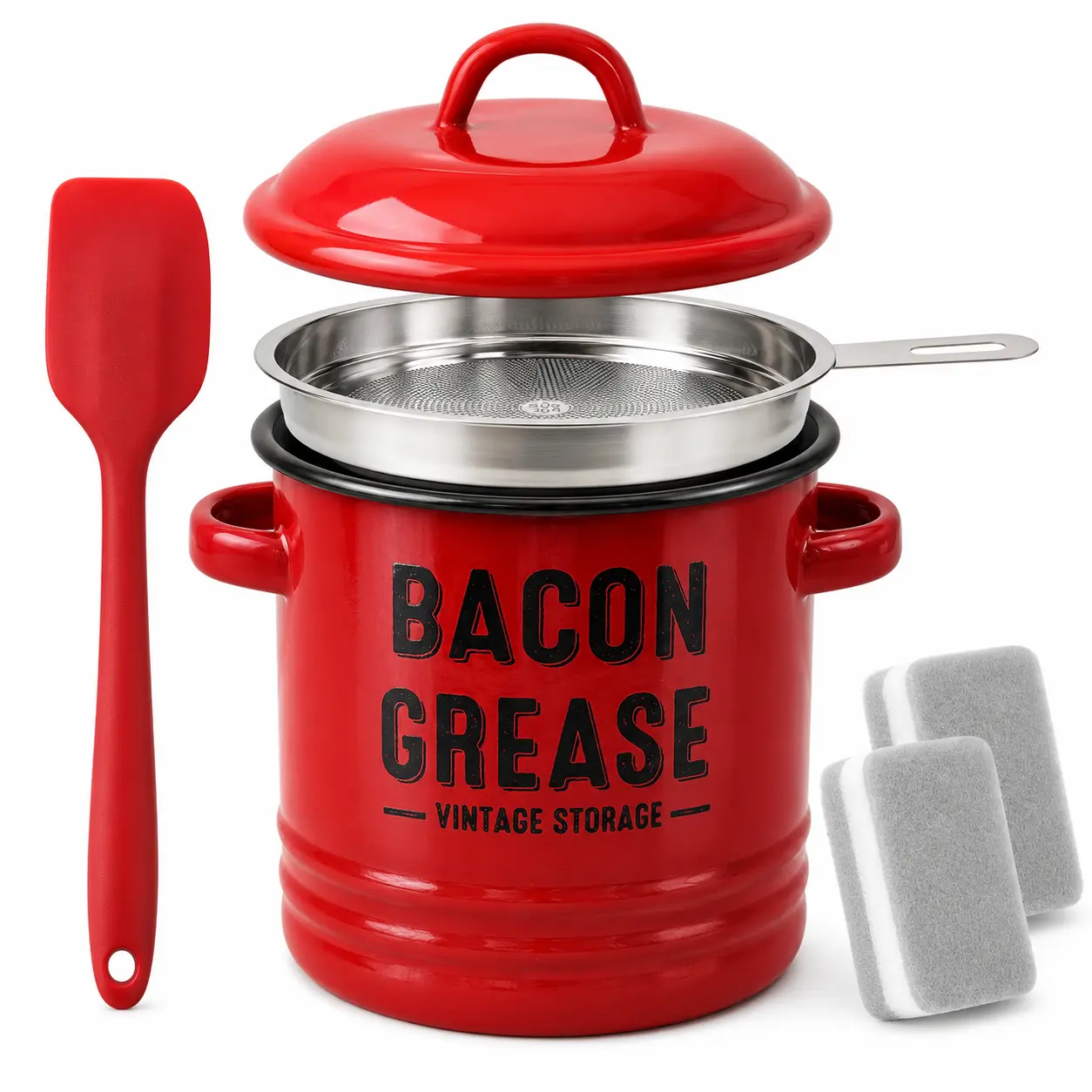 Vintage Large Rustic Farmhouse-Style Enamel Bacon Grease Container with Strainer, Lid, 46 oz (1360ml) Food-Grade Silicone Spatula, Silicone Brush - Cooking Oil Container, Oil Dispensers, Kitchen Utensil Accessory, Oil Storage Jar