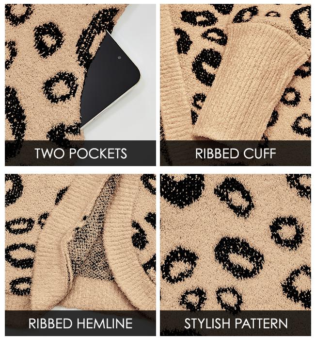 BTFBM Women's Leopard Print Long Sleeve Sweater Cardigan Loose Knit Open Front Fall Winter Outwear Coats