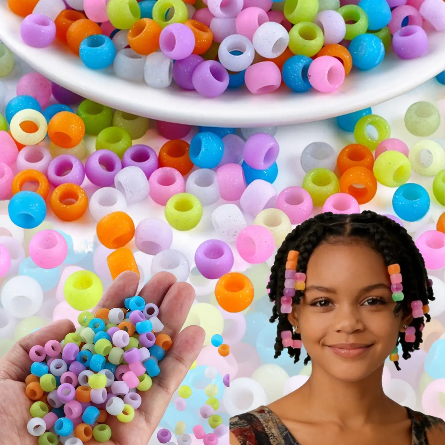40Pcs 6×9 Reusable Glitter Silicone  Large-Hole Hair Beads Shimmering Playful Ponytail Accessories with 8 Colors, Soft Hair Adornments Essential Fashion Accessories for Women's Braided Styles Sparkling Hair Jewelry
